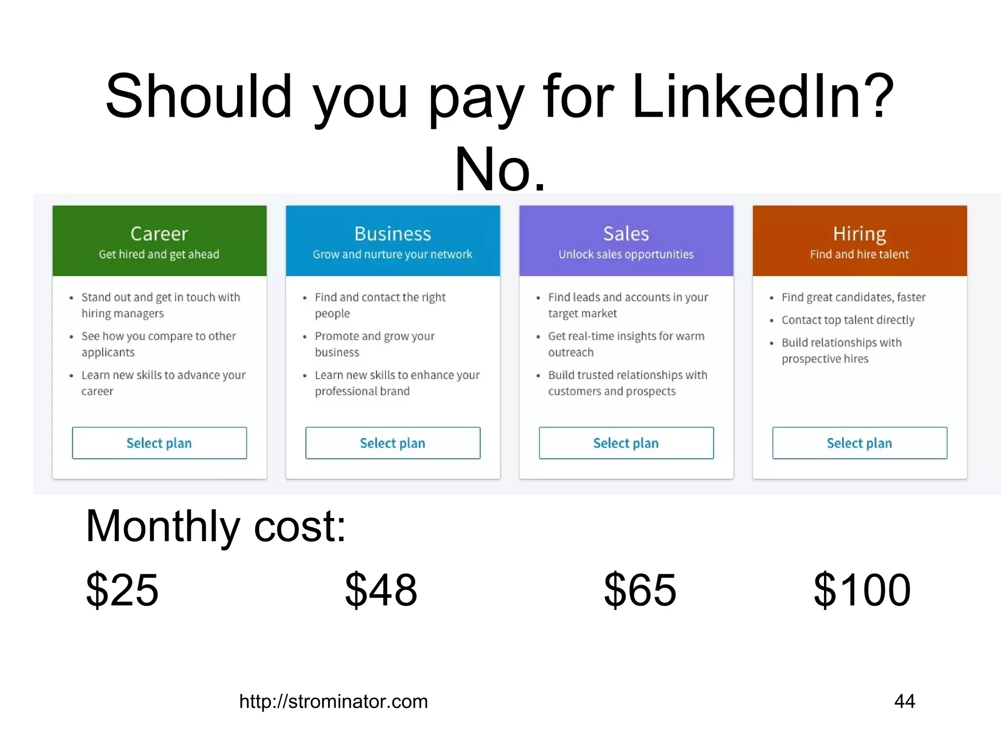 Should you pay for LinkedIn?
No.
Monthly cost:
$25 $48 $65 $100
http://strominator.com 44
 