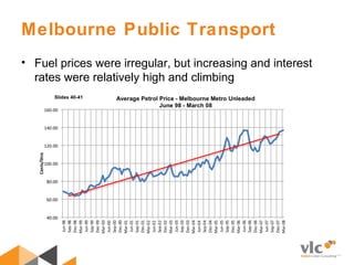 Melbourne Public Transport
• Fuel prices were irregular, but increasing and interest
rates were relatively high and climbing
 
