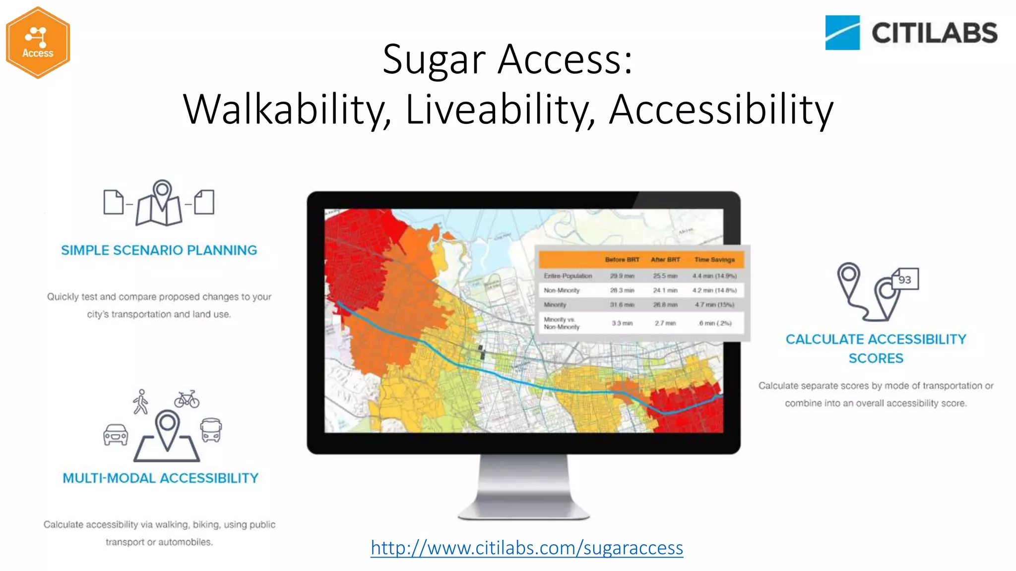 http://www.citilabs.com/sugaraccess
Sugar Access:
Walkability, Liveability, Accessibility
 
