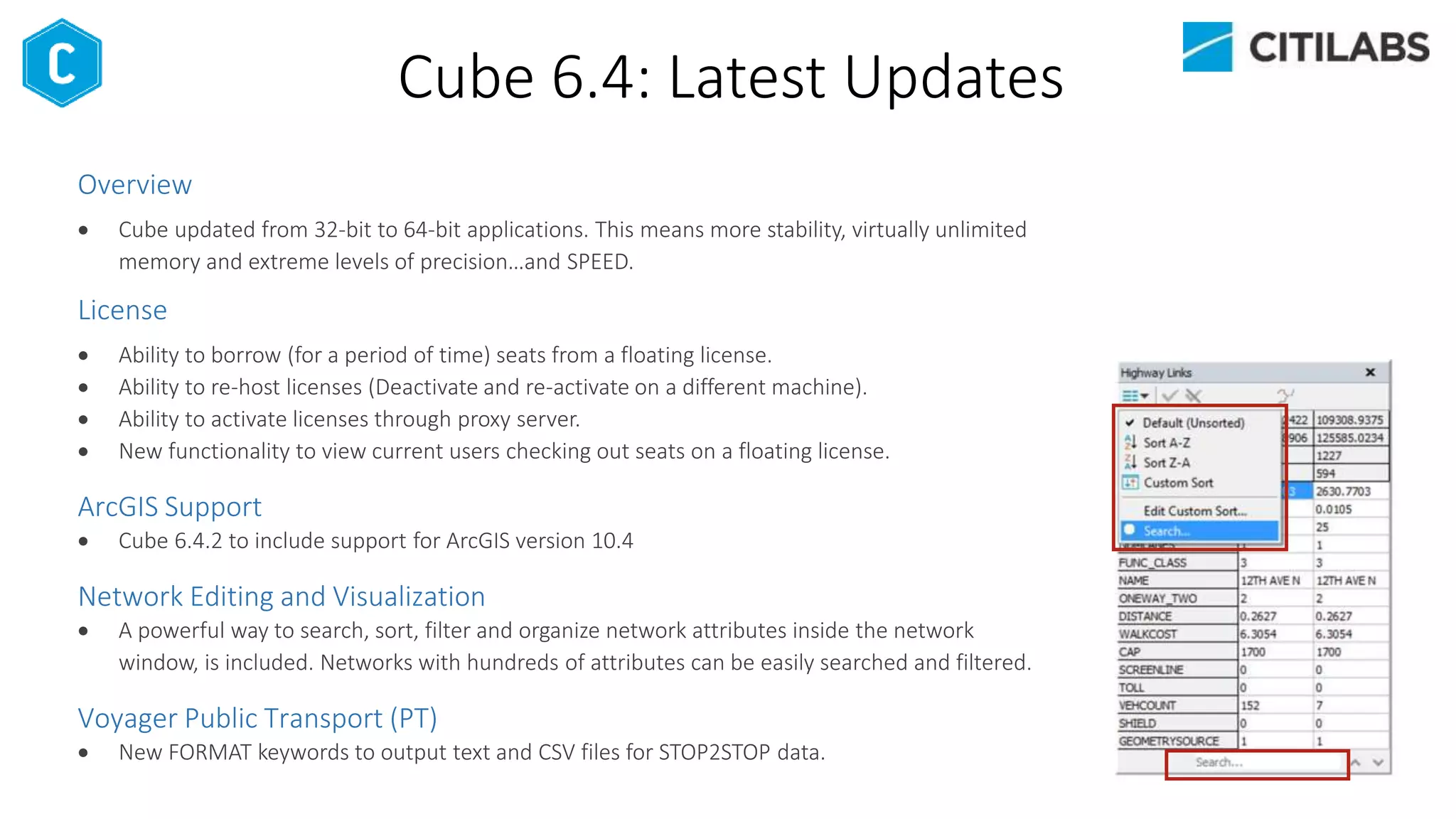 Cube 6.4: Latest Updates
Overview
 Cube updated from 32-bit to 64-bit applications. This means more stability, virtually unlimited
memory and extreme levels of precision…and SPEED.
License
 Ability to borrow (for a period of time) seats from a floating license.
 Ability to re-host licenses (Deactivate and re-activate on a different machine).
 Ability to activate licenses through proxy server.
 New functionality to view current users checking out seats on a floating license.
ArcGIS Support
 Cube 6.4.2 to include support for ArcGIS version 10.4
Network Editing and Visualization
 A powerful way to search, sort, filter and organize network attributes inside the network
window, is included. Networks with hundreds of attributes can be easily searched and filtered.
Voyager Public Transport (PT)
 New FORMAT keywords to output text and CSV files for STOP2STOP data.
 