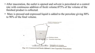 • After maceration, the outlet is opened and solvent is percolated at a control
rate with continuous addition of fresh volume.075% of the volume of the
finished product is collected.
• Marc is pressed and expressed liquid is added to the percolate giving 80%
to 90% of the final volume.
 