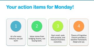 AI is for every
industry, not just
tech!
1
Value comes from
bridging chasms, not
buying tools.
2
Start small, scale
with purpose, and
measure business
outcomes.
3
Theory of Cognitive
Chasms provides a
baseline framework.
Adapt and use.
4
Your action items for Monday!
 