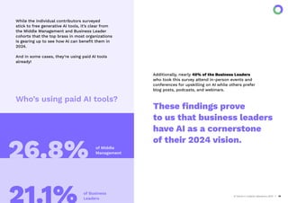 AI Trends in Creative Operations 2024 15
While the individual contributors surveyed
stick to free generative AI tools, it’s clear from
the Middle Management and Business Leader
cohorts that the top brass in most organizations
is gearing up to see how AI can beneﬁt them in
2024.
And in some cases, they’re using paid AI tools
already!
Additionally, nearly 40% of the Business Leaders
who took this survey attend in-person events and
conferences for upskilling on AI while others prefer
blog posts, podcasts, and webinars.
These ﬁndings prove
to us that business leaders
have AI as a cornerstone
of their 2024 vision.
Who’s using paid AI tools?
of Middle
Management
of Business
Leaders
26.8%
21.1%
 