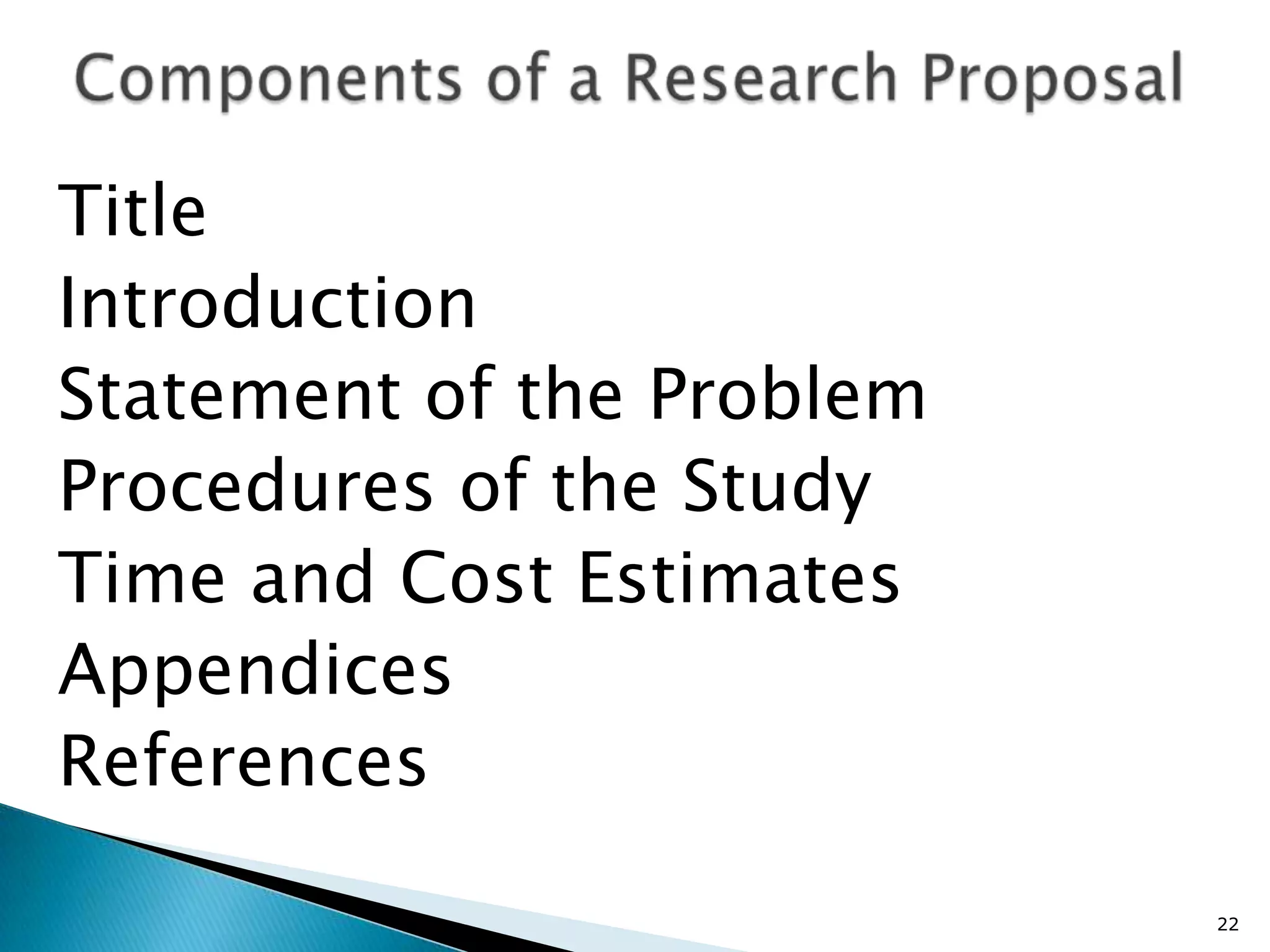 Title
Introduction
Statement of the Problem
Procedures of the Study
Time and Cost Estimates
Appendices
References

                           22
 
