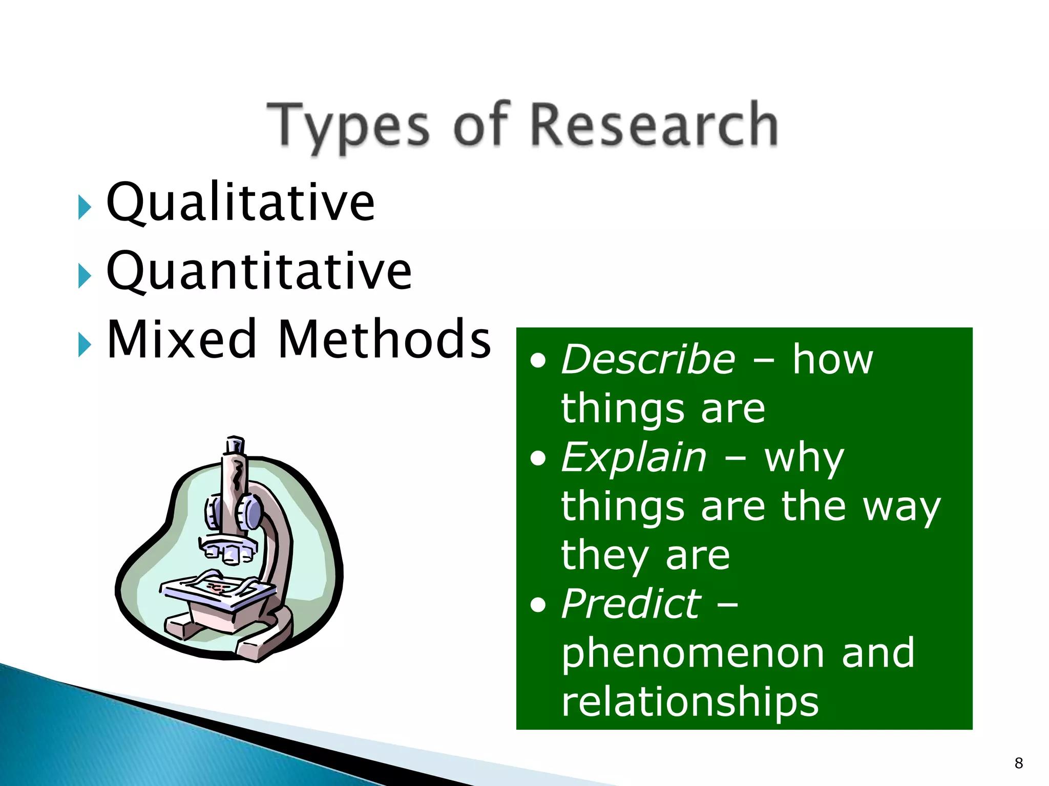  Qualitative
 Quantitative
 Mixed   Methods   • Describe – how
                      things are
                    • Explain – why
                      things are the way
                      they are
                    • Predict –
                      phenomenon and
                      relationships
                                           8
 