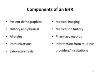 Components of an EHRPatient demographics History and physicalAllergies ImmunizationsLaboratory testsMedical imagingMedication history Pharmacy recordsInformation from multiple providers/ institutions11