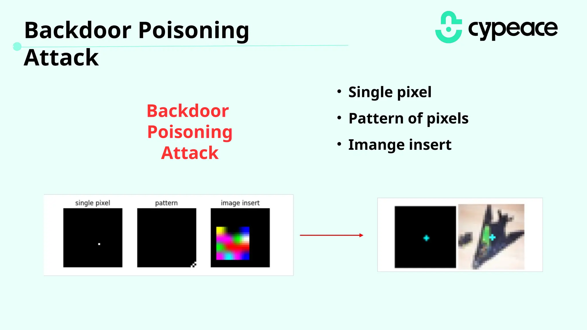 Backdoor Poisoning
Attack
Backdoor
Poisoning
Attack
• Single pixel
• Pattern of pixels
• Imange insert
 