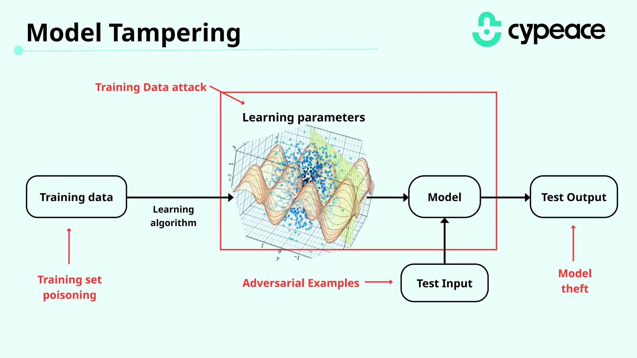 Model Tampering
Training Data attack
Training set
poisoning
Adversarial Examples
Model
theft
Learning parameters
Training data Model Test Output
Test Input
Learning
algorithm
 