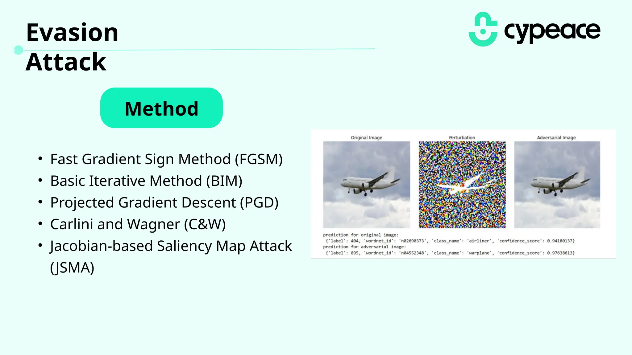 Method
• Fast Gradient Sign Method (FGSM)
• Basic Iterative Method (BIM)
• Projected Gradient Descent (PGD)
• Carlini and Wagner (C&W)
• Jacobian-based Saliency Map Attack
(JSMA)
Evasion
Attack
 