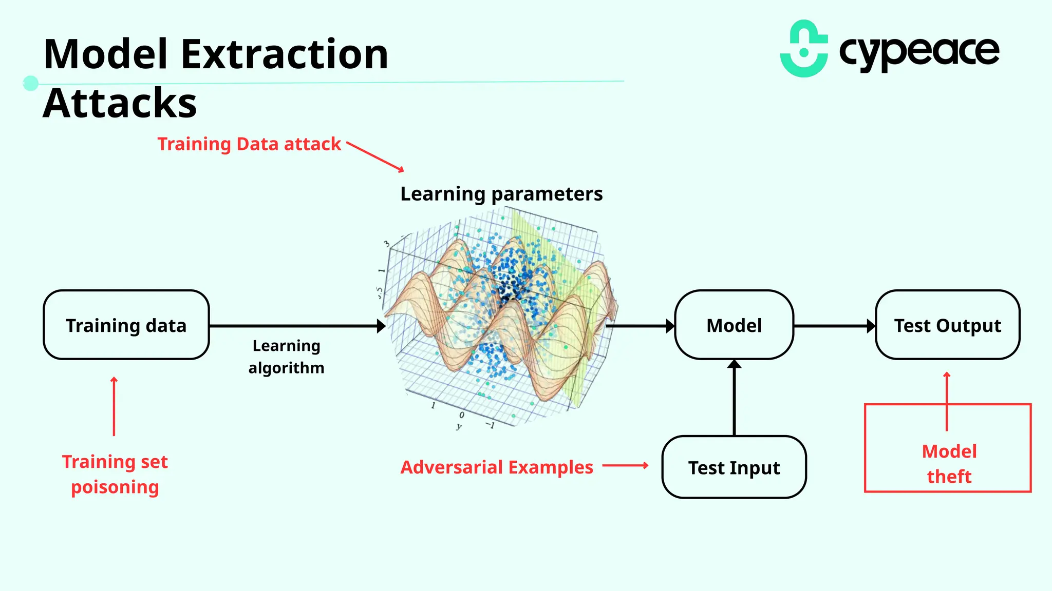 Model Extraction
Attacks
Training Data attack
Training set
poisoning
Adversarial Examples
Model
theft
Learning parameters
Training data Model Test Output
Test Input
Learning
algorithm
 