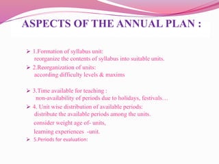 ASPECTS OF THE ANNUAL PLAN :
 1.Formation of syllabus unit:
reorganize the contents of syllabus into suitable units.
 2.Reorganization of units:
according difficulty levels & maxims
 3.Time available for teaching :
non-availability of periods due to holidays, festivals…
 4. Unit wise distribution of available periods:
distribute the available periods among the units.
consider weight age of- units,
learning experiences -unit.
 5.Periods for evaluation:
 