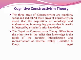 Cognitive Constructivism Theory
 The three areas of Constructivism are cognitive,
social and radical.All three areas of Constructivism
assert that the acquisition of knowledge and
understanding is an ongoing process that is heavily
influenced by a student’s prior knowledge
 The Cognitive Constructivism Theory differs from
the other two in the belief that knowledge is the
result of the accurate internalization and
reconstruction of external reality. (Doolittle &
Camp, 1999)
 