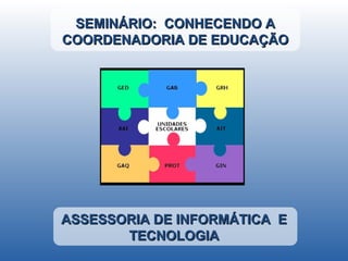 SEMINÁRIO: CONHECENDO A
COORDENADORIA DE EDUCAÇÃO




ASSESSORIA DE INFORMÁTICA E
       TECNOLOGIA
 