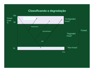 Classificando a degradação
     100
Crown      Original status                               ”Undegraded
cover                                                    forest”
%     80

                      Restoration


                                     Rehabilitation                         Forest
                                                             ”Degraded
                                                             forest”

                                    A/R




     10                                                      ”Non-forest”

                                                      Time
 