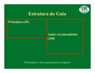 Estrutura do Guia
Princípios (49)


                               Ações recomendadas
                               (160)




           Orientação a nível geral para os trópicos
 