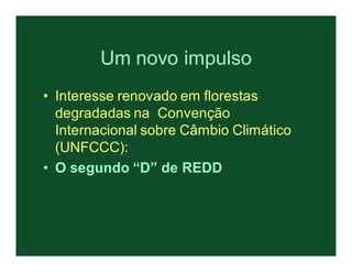 Um novo impulso
• Interesse renovado em florestas
  degradadas na Convenção
  Internacional sobre Câmbio Climático
  (UNFCCC):
• O segundo “D” de REDD
 