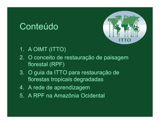 Conteúdo

1. A OIMT (ITTO)
2. O conceito de restauração de paisagem
   florestal (RPF)
3. O guia da ITTO para restauração de
   florestas tropicais degradadas
4. A rede de aprendizagem
5. A RPF na Amazônia Ocidental
 