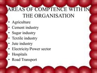 AREAS OF COMPTENCE WITH IN
THE ORGANISATION
• Agriculture
• Cement industry
• Sugar industry
• Textile industry
• Jute industry
• Electricity/Power sector
• Hospitals
• Road Transport
 