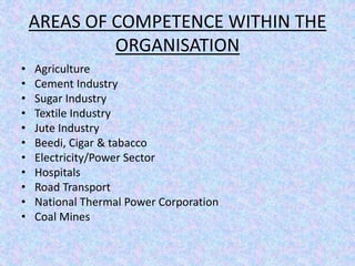 AREAS OF COMPETENCE WITHIN THE 
ORGANISATION 
• Agriculture 
• Cement Industry 
• Sugar Industry 
• Textile Industry 
• Jute Industry 
• Beedi, Cigar & tabacco 
• Electricity/Power Sector 
• Hospitals 
• Road Transport 
• National Thermal Power Corporation 
• Coal Mines 
 