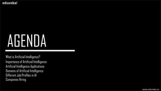 What is Artificial Intelligence?
Importance of Artificial Intelligence
Artificial Intelligence Applications
www.edureka.co
Domains of Artificial Intelligence
Different Job Profiles in AI
Companies Hiring