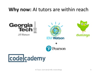 Why	now:	AI	tutors	are	within	reach	
Jill Watson
+
4	AI	Tutors:	tech-talk	@	HBS.	Anshul	Bhagi	
 