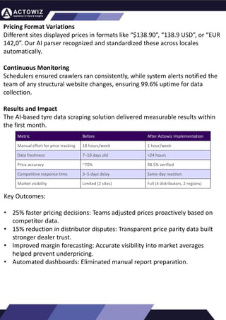 How to Effectively Use Competitor Price Trackers:
Operational Guidance and Benefits
Introduction
In the dynamic landscape of eCommerce, pricing strategy stands paramount, especially for digital storefronts.
Modern consumers are discerning, often prioritizing price comparison as a pivotal step before purchasing. The
allure of securing the best deals and most competitive prices drives this behavior. Consequently, a significant
portion of online shoppers actively engage in price monitoring across various platforms. Recognizing this trend,
online retailers must adeptly employ competitor price trackers to stay ahead.
By leveraging retail data scraping techniques, businesses can collect comprehensive retail data, offering insights
into the broader market's pricing landscape. Such price intelligence empowers retailers to craft a robust pricing
strategy, bolstering sales, enhancing profit margins, and fostering customer loyalty. Moreover, a data-driven
eCommerce pricing approach ensures competitiveness, with dynamic pricing becoming increasingly prevalent.
In essence, utilizing a competent competitor price tracker facilitates effective pricing optimization and solidifies a
retailer's position in the fiercely competitive eCommerce arena.
How to Use Zomato API to Scrape Restaurant Data – A
Detailed Guide
In the dynamic world of digital gastronomy, where culinary delights and dining experiences
are increasingly explored and celebrated online, the demand for up-to-date restaurant data
is insatiable. As food enthusiasts and businesses seek the latest insights into menus, reviews,
and more, the Zomato API emerges as a powerful tool for scraping this invaluable
information.
Introduction
Our comprehensive guide delves into the intricate art of utilizing the Zomato API to scrape
restaurant data. Whether you're a restaurateur striving to understand your competitors, a
food blogger searching for fresh content, or a data enthusiast eager to explore culinary
trends, this guide will serve as your compass in the world of data extraction.
We will navigate through the intricacies of Zomato Scraper, uncovering its capabilities to
provide you with rich, real-time restaurant data. From scraping restaurant details to
accessing customer reviews, our detailed guide ensures that you harness the full potential of
this resource.
What are Datasets? - A Comprehensive Guide
This blog will provide a comprehensive overview of datasets, including their definition, different
types of datasets, and strategies for maximizing the value of data.
What is a Dataset?
Extracting Information from TripAdvisor: A Guide to
Scraping Data from Hotels and Restaurants
Introduction
Leveraging the appropriate API makes scraping TripAdvisor on a large scale a straightforward task.
You don't need to possess advanced computer skills to achieve this. Our comprehensive, step-by-
step guide is designed to walk you through extracting data from TripAdvisor using a user-friendly
web scraping tool.
TripAdvisor stands out as a powerhouse with an extensive database comprising over 8 million
locations, 1 billion reviews, and support for 29 languages. As of 2022, when the cumulative reviews
surpassed the one billion mark, it became evident that TripAdvisor's meticulous gaze would soon
cover every restaurant, hotel, vacation rental, or attraction listing.
Amidst TripAdvisor's vast sea of information lies a treasure trove awaiting extraction, analysis, and
innovative presentation. For those in the tourism, hospitality, or travel sectors, harnessing
TripAdvisor data proves invaluable for monitoring competitors and supporting strategic business
decisions. The TripAdvisor Scraper facilitates seamless and rapid web scraping, offering the most
straightforward route to consistently obtaining data at scale. This article delves into the myriad
benefits of scraping TripAdvisor, shedding light on how this process can be initiated, including
exploring the initial steps involving API utilization. Dive into the realm of data-driven insights with
TripAdvisor scraping.
Unlocking the Potential: The Advantages of
Scraping TripAdvisor Data
Pricing Format Variations
Different sites displayed prices in formats like “$138.90”, “138.9 USD”, or “EUR
142,0”. Our AI parser recognized and standardized these across locales
automatically.
Continuous Monitoring
Schedulers ensured crawlers ran consistently, while system alerts notified the
team of any structural website changes, ensuring 99.6% uptime for data
collection.
Results and Impact
The AI-based tyre data scraping solution delivered measurable results within
the first month.
Key Outcomes:
• 25% faster pricing decisions: Teams adjusted prices proactively based on
competitor data.
• 15% reduction in distributor disputes: Transparent price parity data built
stronger dealer trust.
• Improved margin forecasting: Accurate visibility into market averages
helped prevent underpricing.
• Automated dashboards: Eliminated manual report preparation.
Metric Before After Actowiz Implementation
Manual effort for price tracking 18 hours/week 1 hour/week
Data freshness 7–10 days old <24 hours
Price accuracy ~70% 98.5% verified
Competitive response time 3–5 days delay Same-day reaction
Market visibility Limited (2 sites) Full (4 distributors, 2 regions)
 