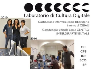 2010 
2014 
Costituzione informale come laboratorio 
interno al CISIAU 
Costituzione ufficiale come CENTRO 
INTERDIPARTIMENTALE 
FLL 
CFS 
INF 
ECO 
SP 
 
