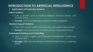 INTRODUCTION TO ARTIFICIAL INTELLIGENCE
 Applications of Production Systems
Expert Systems:
 Used in domains such as medical diagnosis, financial analysis, and
troubleshooting.
 Example: MYCIN, an early expert system for medical diagnosis.
Decision Support Systems:
 Help make business decisions by evaluating rules against large datasets.
 Example: Rule-based systems for credit scoring in financial institutions.
Automated Planning and Scheduling:
 Used in robotics, logistics, and operations management to plan and
schedule tasks.
 Example: STRIPS (Stanford Research Institute Problem Solver), a planning
system.
 