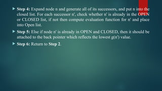  Step 4: Expand node n and generate all of its successors, and put n into the
closed list. For each successor n', check whether n' is already in the OPEN
or CLOSED list, if not then compute evaluation function for n' and place
into Open list.
 Step 5: Else if node n' is already in OPEN and CLOSED, then it should be
attached to the back pointer which reflects the lowest g(n') value.
 Step 6: Return to Step 2.
 