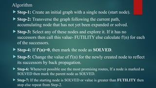 Algorithm
 Step-1: Create an initial graph with a single node (start node).
 Step-2: Transverse the graph following the current path,
accumulating node that has not yet been expanded or solved.
 Step-3: Select any of these nodes and explore it. If it has no
successors then call this value- FUTILITY else calculate f'(n) for each
of the successors.
 Step-4: If f'(n)=0, then mark the node as SOLVED.
 Step-5: Change the value of f'(n) for the newly created node to reflect
its successors by back propagation.
 Step-6: Whenever possible use the most promising routes, If a node is marked as
SOLVED then mark the parent node as SOLVED.
 Step-7: If the starting node is SOLVED or value is greater than FUTILITY then
stop else repeat from Step-2.
 