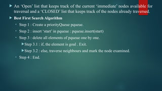  An ‘Open’ list that keeps track of the current ‘immediate’ nodes available for
traversal and a ‘CLOSED’ list that keeps track of the nodes already traversed.
 Best First Search Algorithm
• Step 1 : Create a priorityQueue pqueue.
• Step 2 : insert ‘start’ in pqueue : pqueue.insert(start)
• Step 3 : delete all elements of pqueue one by one.
Step 3.1 : if, the element is goal . Exit.
Step 3.2 : else, traverse neighbours and mark the node examined.
• Step 4 : End.
 