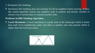 3. Stochastic hill climbing:
 Stochastic hill climbing does not examine for all its neighbor before moving. Rather,
this search algorithm selects one neighbor node at random and decides whether to
choose it as a current state or examine another state.
Problems in Hill Climbing Algorithm:
 Local Maximum: A local maximum is a peak state in the landscape which is better
than each of its neighboring states, but there is another state also present which is
higher than the local maximum.
 