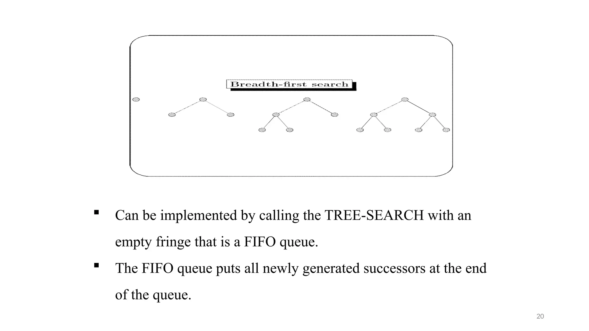 20
 Can be implemented by calling the TREE-SEARCH with an
empty fringe that is a FIFO queue.
 The FIFO queue puts all newly generated successors at the end
of the queue.
 