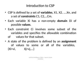Artificial Intelligence ݺߣs-- Aparna Gurjar
CSE(AIML)
Introduction to CSP
? CSP is defined by a set of variables, X1, X2, ....Xn, and
a set of constraints C1, C2,...Cm.
? Each variable Xi has a non-empty domain Di of
possible values.
? Each constraint Ci involves some subset of the
variables and specifies the allowable combination
of values for that subset.
? A state of the problem is defined by an assignment
of values to some or all of the variables,
{Xi=vi, Xj=vj,...}
 