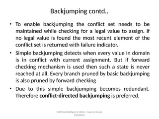 Artificial Intelligence ݺߣs-- Aparna Gurjar
CSE(AIML)
Backjumping contd..
? To enable backjumping the conflict set needs to be
maintained while checking for a legal value to assign. If
no legal value is found the most recent element of the
conflict set is returned with failure indicator.
? Simple backjumping detects when every value in domain
is in conflict with current assignment. But if forward
checking mechanism is used then such a state is never
reached at all. Every branch pruned by basic backjumping
is also pruned by forward checking
? Due to this simple backjumping becomes redundant.
Therefore conflict-directed backjumping is preferred.
 