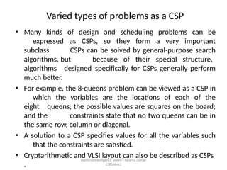 Artificial Intelligence ݺߣs-- Aparna Gurjar
CSE(AIML)
Varied types of problems as a CSP
? Many kinds of design and scheduling problems can be
expressed as CSPs, so they form a very important
subclass. CSPs can be solved by general-purpose search
algorithms, but because of their special structure,
algorithms designed specifically for CSPs generally perform
much better.
? For example, the 8-queens problem can be viewed as a CSP in
which the variables are the locations of each of the
eight queens; the possible values are squares on the board;
and the constraints state that no two queens can be in
the same row, column or diagonal.
? A solution to a CSP specifies values for all the variables such
that the constraints are satisfied.
? Cryptarithmetic and VLSI layout can also be described as CSPs
.
 
