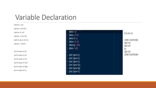 Variable Declaration
(defvar x 10)
(defvar y 34.567)
(defvar ch nil)
(defvar n 123.78)
(defvar bg 11.0e+4)
(defvar r 124/2)
(print (type-of x))
(print (type-of y))
(print (type-of n))
(print (type-of ch))
(print (type-of bg))
(print (type-of r))
 