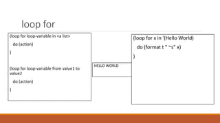 loop for
(loop for loop-variable in <a list>
do (action)
)
(loop for loop-variable from value1 to
value2
do (action)
)
(loop for x in '(Hello World)
do (format t " ~s" x)
)
HELLO WORLD
 