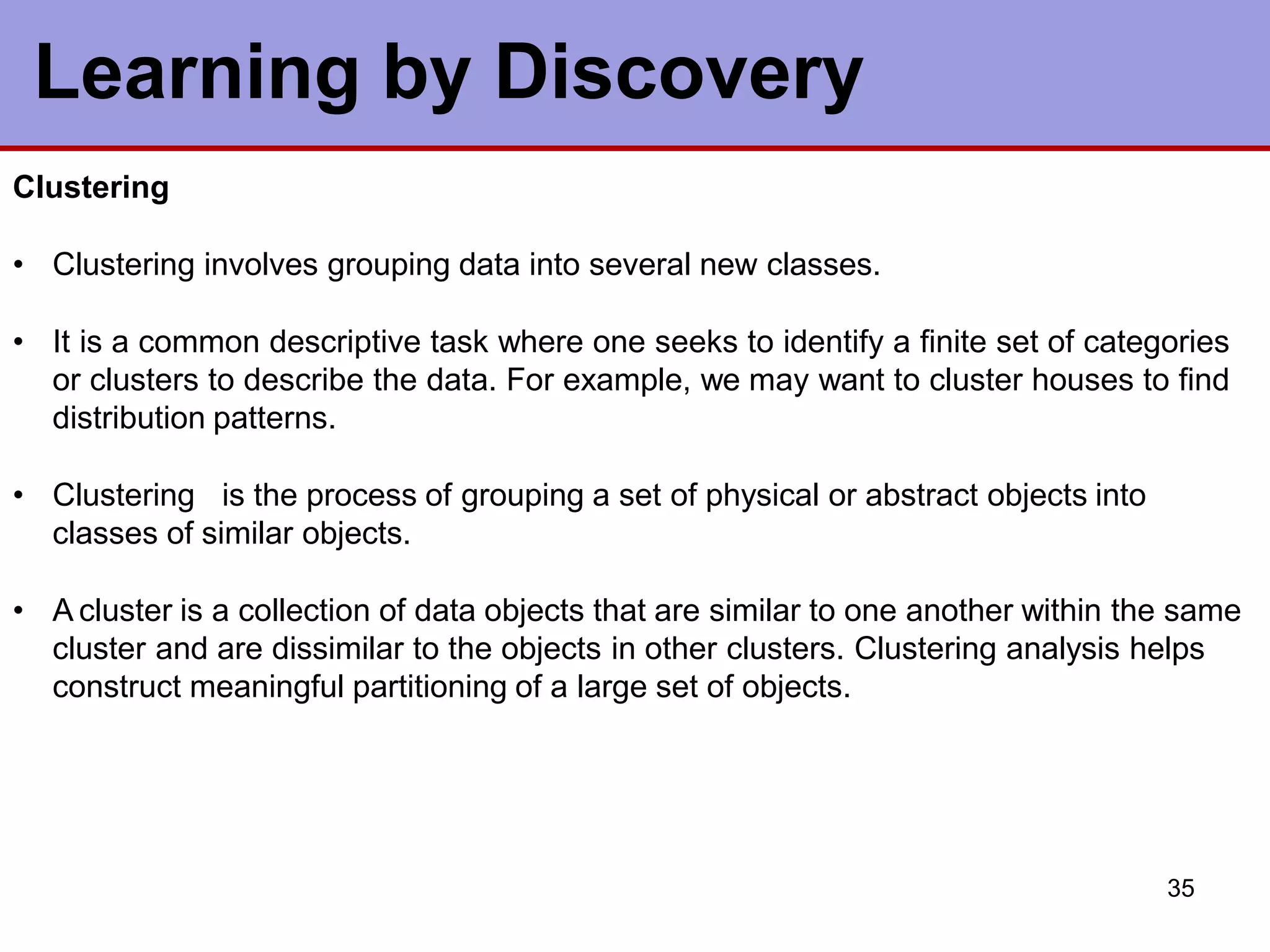 Learning by Discovery
35
Clustering
• Clustering involves grouping data into several new classes.
• It is a common descriptive task where one seeks to identify a finite set of categories
or clusters to describe the data. For example, we may want to cluster houses to find
distribution patterns.
• Clustering is the process of grouping a set of physical or abstract objects into
classes of similar objects.
• A cluster is a collection of data objects that are similar to one another within the same
cluster and are dissimilar to the objects in other clusters. Clustering analysis helps
construct meaningful partitioning of a large set of objects.
 