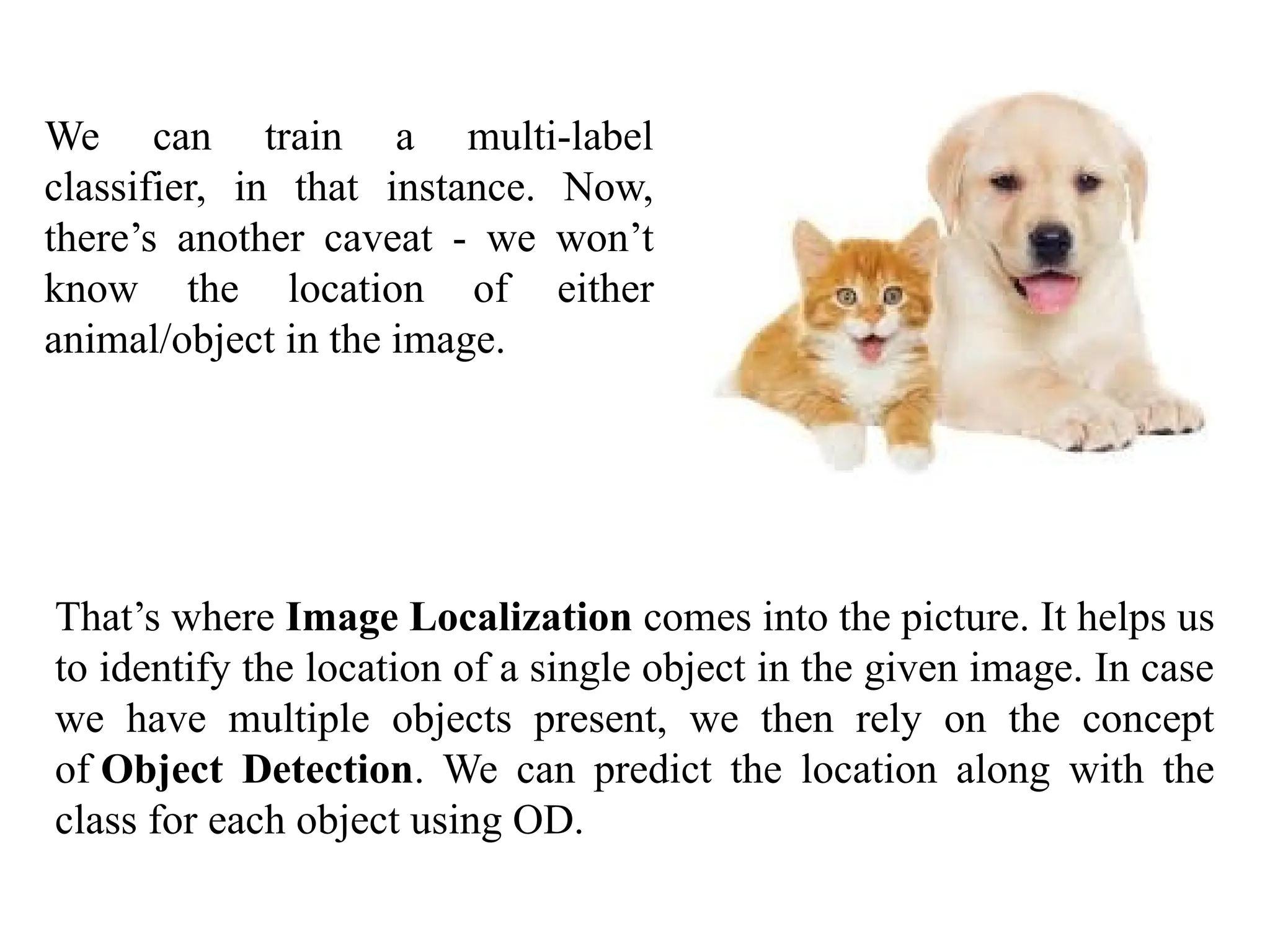 We can train a multi-label
classifier, in that instance. Now,
there’s another caveat - we won’t
know the location of either
animal/object in the image.
That’s where Image Localization comes into the picture. It helps us
to identify the location of a single object in the given image. In case
we have multiple objects present, we then rely on the concept
of Object Detection. We can predict the location along with the
class for each object using OD.
 