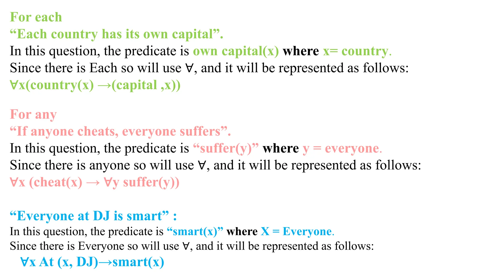 For each
“Each country has its own capital”.
In this question, the predicate is own capital(x) where x= country.
Since there is Each so will use ∀, and it will be represented as follows:
∀x(country(x) →(capital ,x))
For any
“If anyone cheats, everyone suffers”.
In this question, the predicate is “suffer(y)” where y = everyone.
Since there is anyone so will use ∀, and it will be represented as follows:
∀x (cheat(x) → ∀y suffer(y))
“Everyone at DJ is smart” :
In this question, the predicate is “smart(x)” where X = Everyone.
Since there is Everyone so will use ∀, and it will be represented as follows:
∀x At (x, DJ)→smart(x)
 