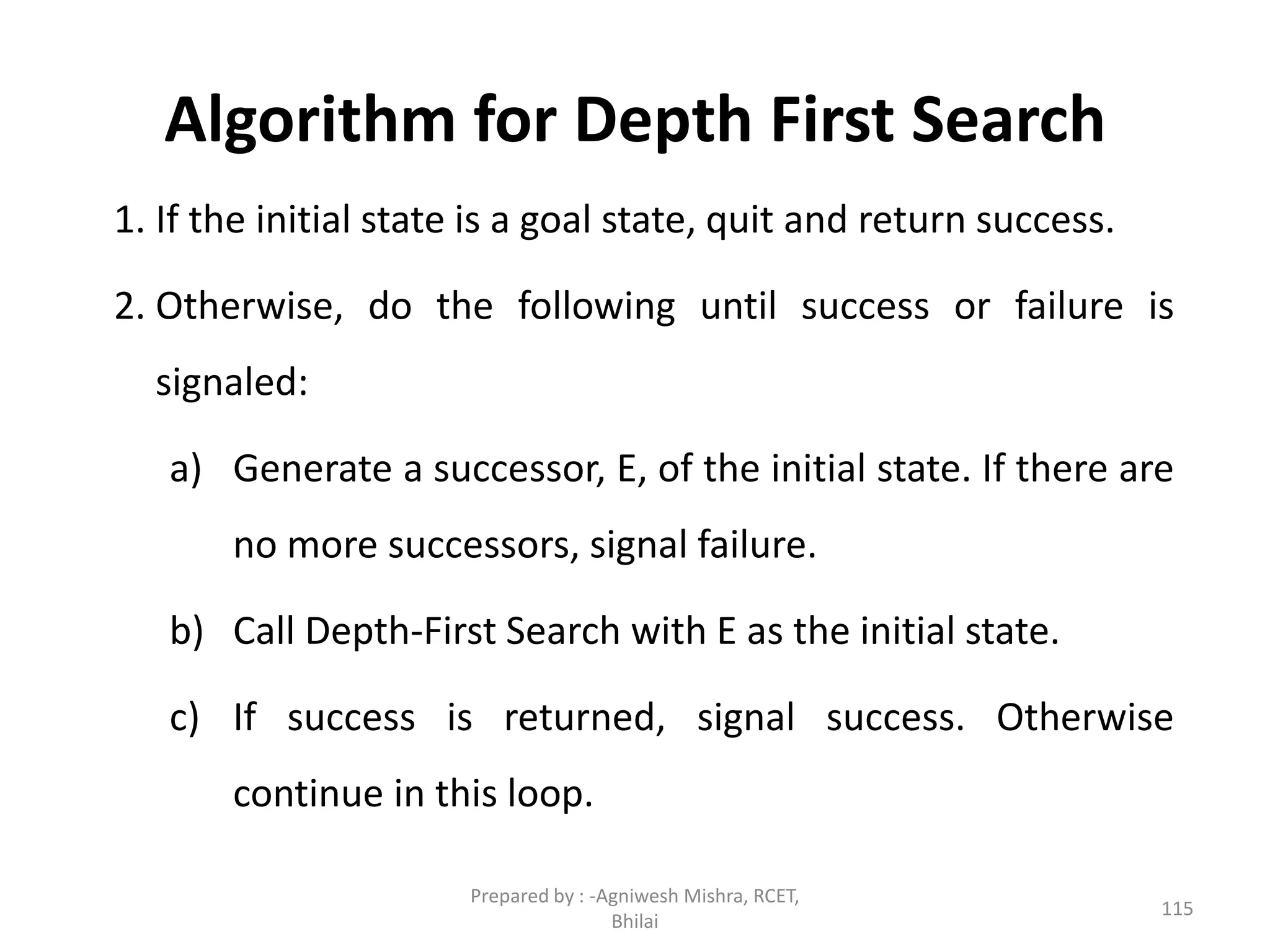Algorithm for Depth First Search
1. If the initial state is a goal state, quit and return success.
2. Otherwise, do the following until success or failure is
signaled:
a) Generate a successor, E, of the initial state. If there are
no more successors, signal failure.
b) Call Depth-First Search with E as the initial state.
c) If success is returned, signal success. Otherwise
continue in this loop.
115
Prepared by : -Agniwesh Mishra, RCET,
Bhilai
 