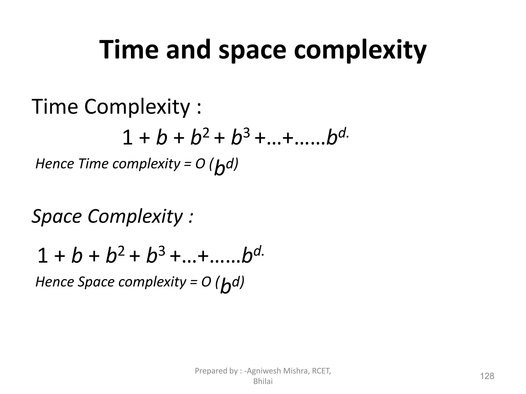Time and space complexity
Time Complexity :
1 + b + b2 + b3 +…+……bd.
Hence Time complexity = O (bd)
Space Complexity :
1 + b + b2 + b3 +…+……bd.
Hence Space complexity = O (bd)
128
Prepared by : -Agniwesh Mishra, RCET,
Bhilai
 