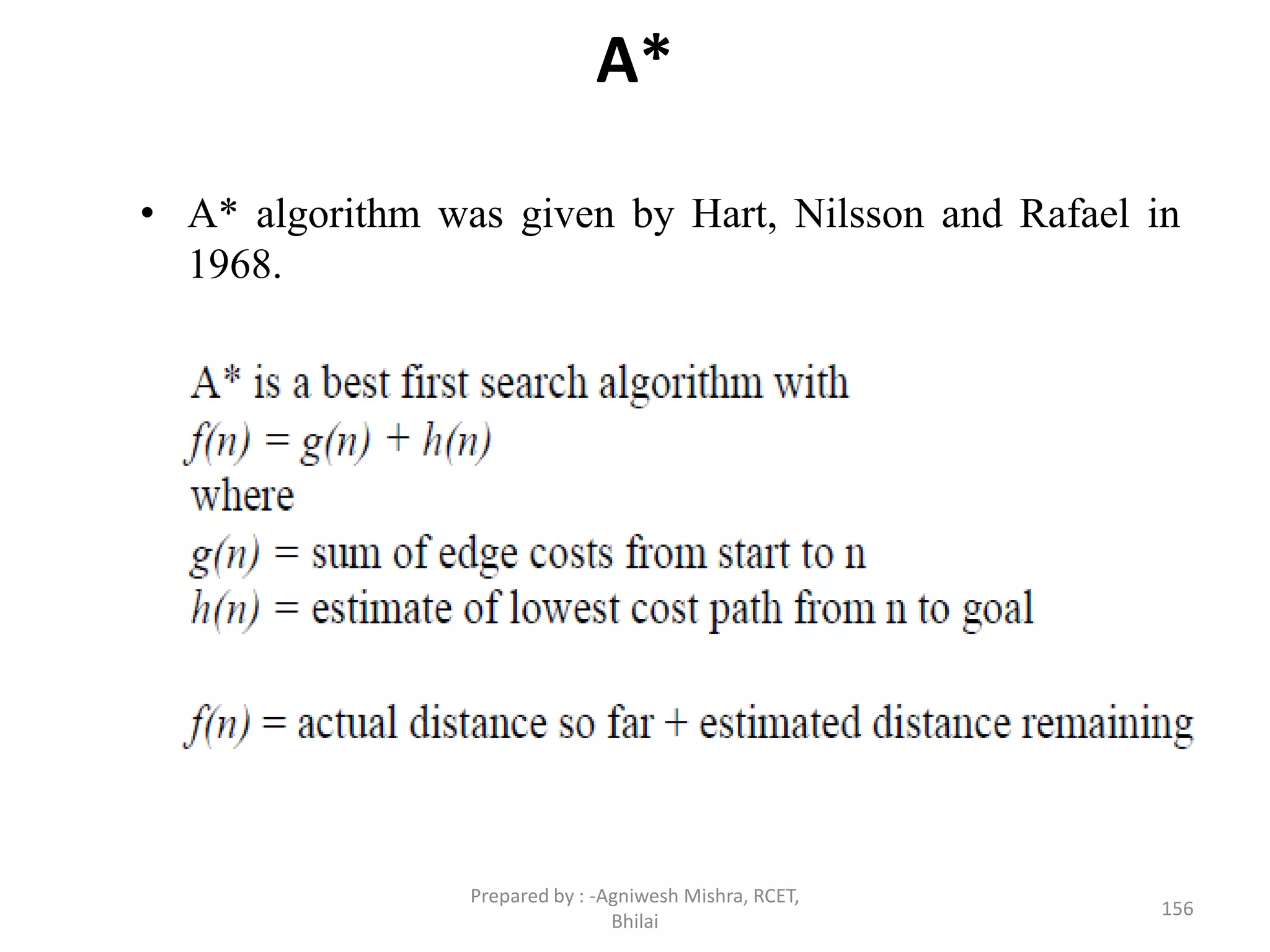 A*
• A* algorithm was given by Hart, Nilsson and Rafael in
1968.
156
Prepared by : -Agniwesh Mishra, RCET,
Bhilai
 