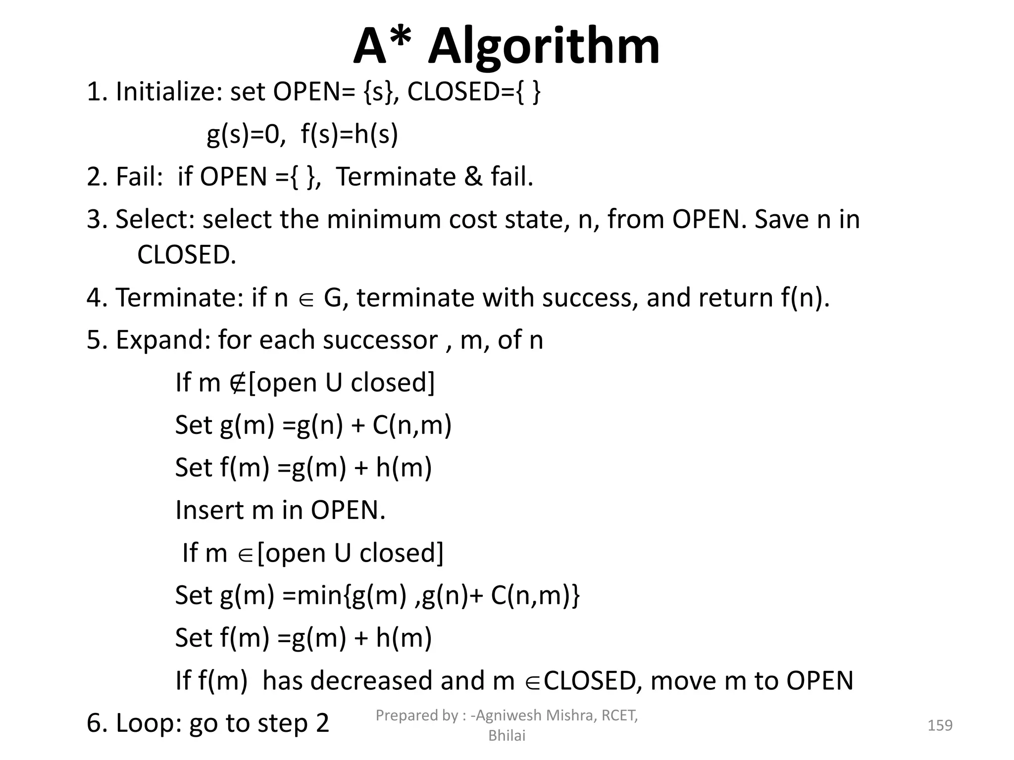 A* Algorithm
1. Initialize: set OPEN= {s}, CLOSED={ }
g(s)=0, f(s)=h(s)
2. Fail: if OPEN ={ }, Terminate & fail.
3. Select: select the minimum cost state, n, from OPEN. Save n in
CLOSED.
4. Terminate: if n  G, terminate with success, and return f(n).
5. Expand: for each successor , m, of n
If m ∉[open U closed]
Set g(m) =g(n) + C(n,m)
Set f(m) =g(m) + h(m)
Insert m in OPEN.
If m [open U closed]
Set g(m) =min{g(m) ,g(n)+ C(n,m)}
Set f(m) =g(m) + h(m)
If f(m) has decreased and m CLOSED, move m to OPEN
6. Loop: go to step 2 159
Prepared by : -Agniwesh Mishra, RCET,
Bhilai
 