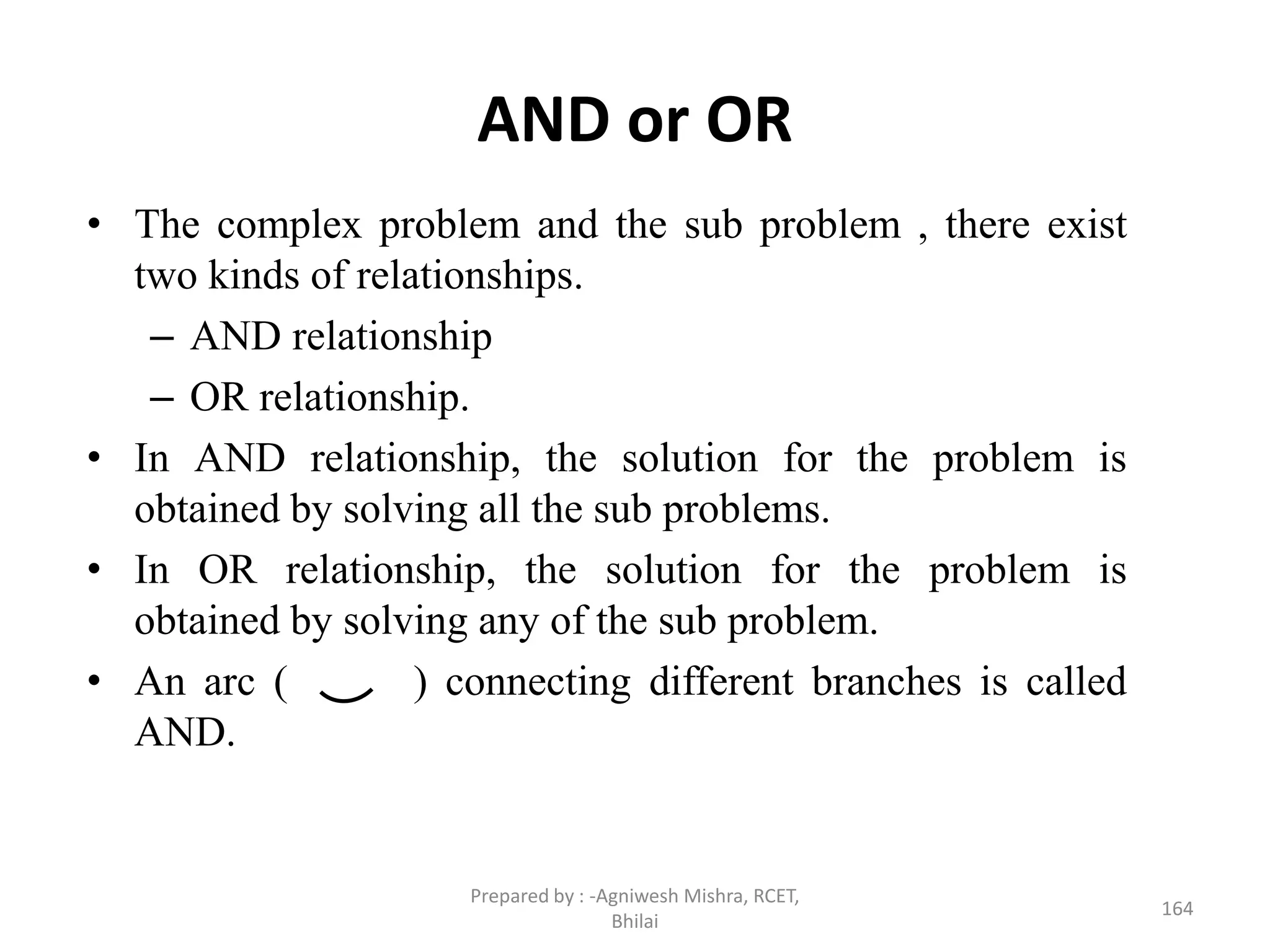 AND or OR
• The complex problem and the sub problem , there exist
two kinds of relationships.
– AND relationship
– OR relationship.
• In AND relationship, the solution for the problem is
obtained by solving all the sub problems.
• In OR relationship, the solution for the problem is
obtained by solving any of the sub problem.
• An arc ( ) connecting different branches is called
AND.
164
Prepared by : -Agniwesh Mishra, RCET,
Bhilai
 