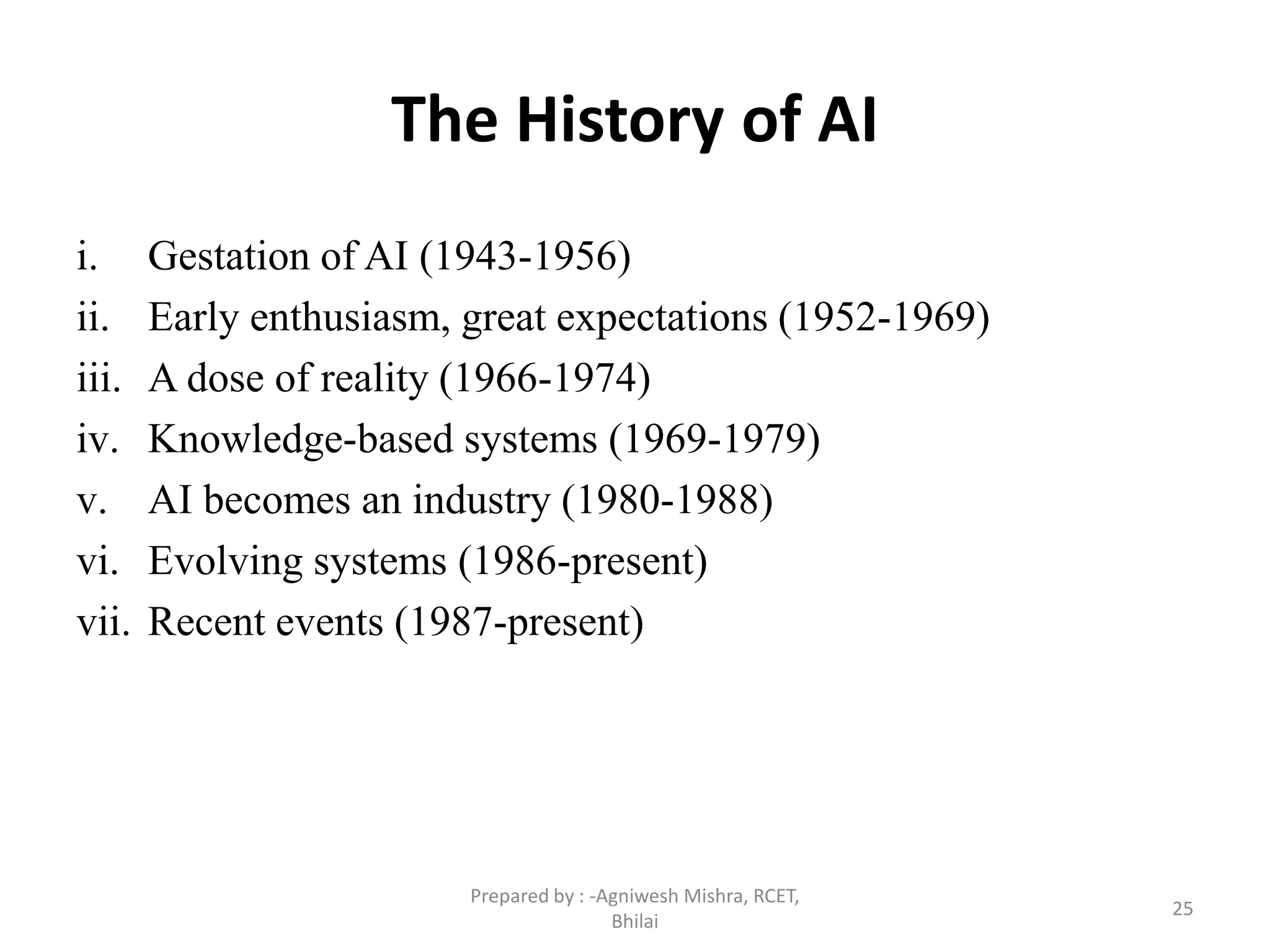 25
The History of AI
i. Gestation of AI (1943-1956)
ii. Early enthusiasm, great expectations (1952-1969)
iii. A dose of reality (1966-1974)
iv. Knowledge-based systems (1969-1979)
v. AI becomes an industry (1980-1988)
vi. Evolving systems (1986-present)
vii. Recent events (1987-present)
Prepared by : -Agniwesh Mishra, RCET,
Bhilai
 