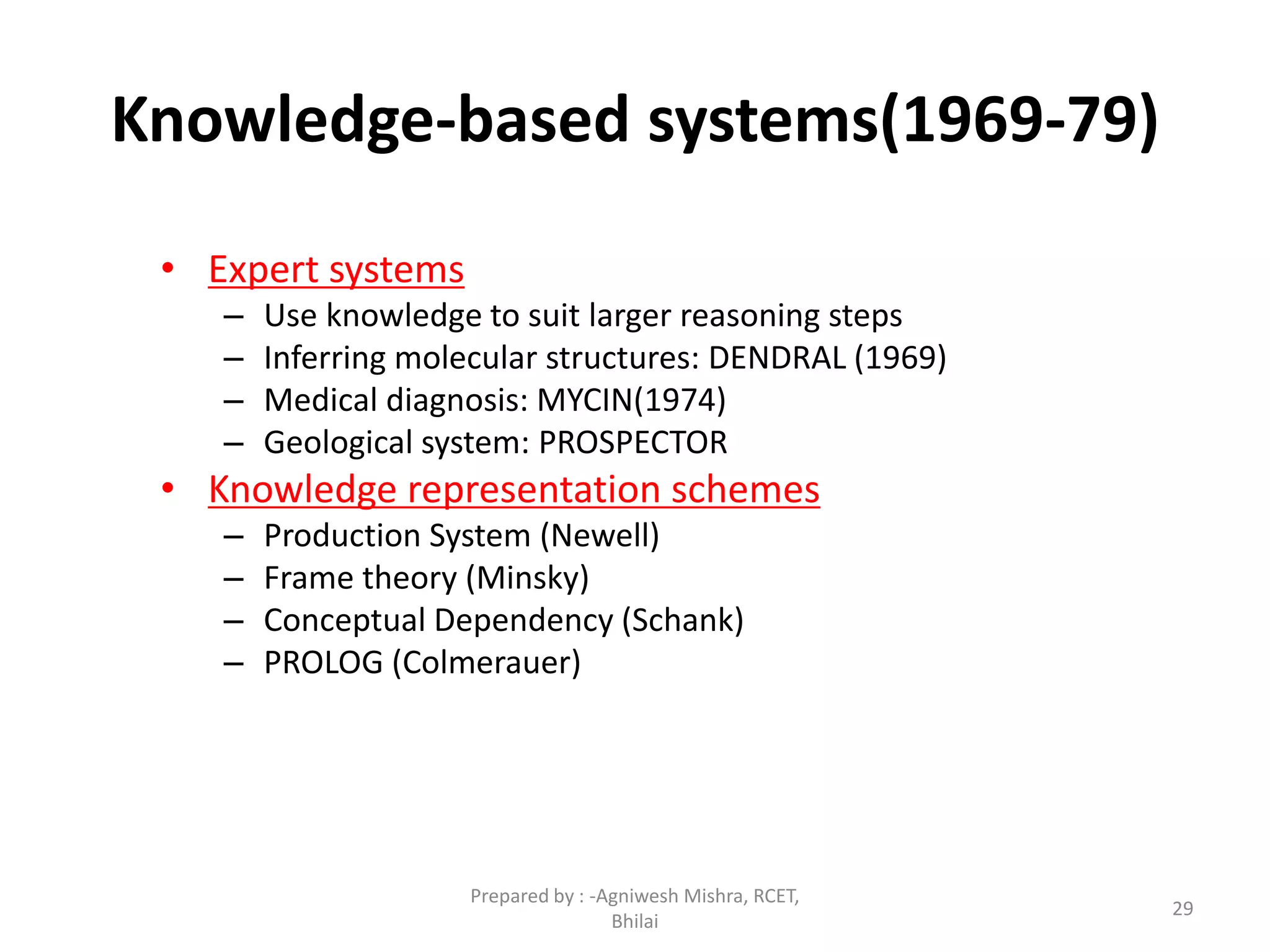 29
Knowledge-based systems(1969-79)
• Expert systems
– Use knowledge to suit larger reasoning steps
– Inferring molecular structures: DENDRAL (1969)
– Medical diagnosis: MYCIN(1974)
– Geological system: PROSPECTOR
• Knowledge representation schemes
– Production System (Newell)
– Frame theory (Minsky)
– Conceptual Dependency (Schank)
– PROLOG (Colmerauer)
Prepared by : -Agniwesh Mishra, RCET,
Bhilai
 