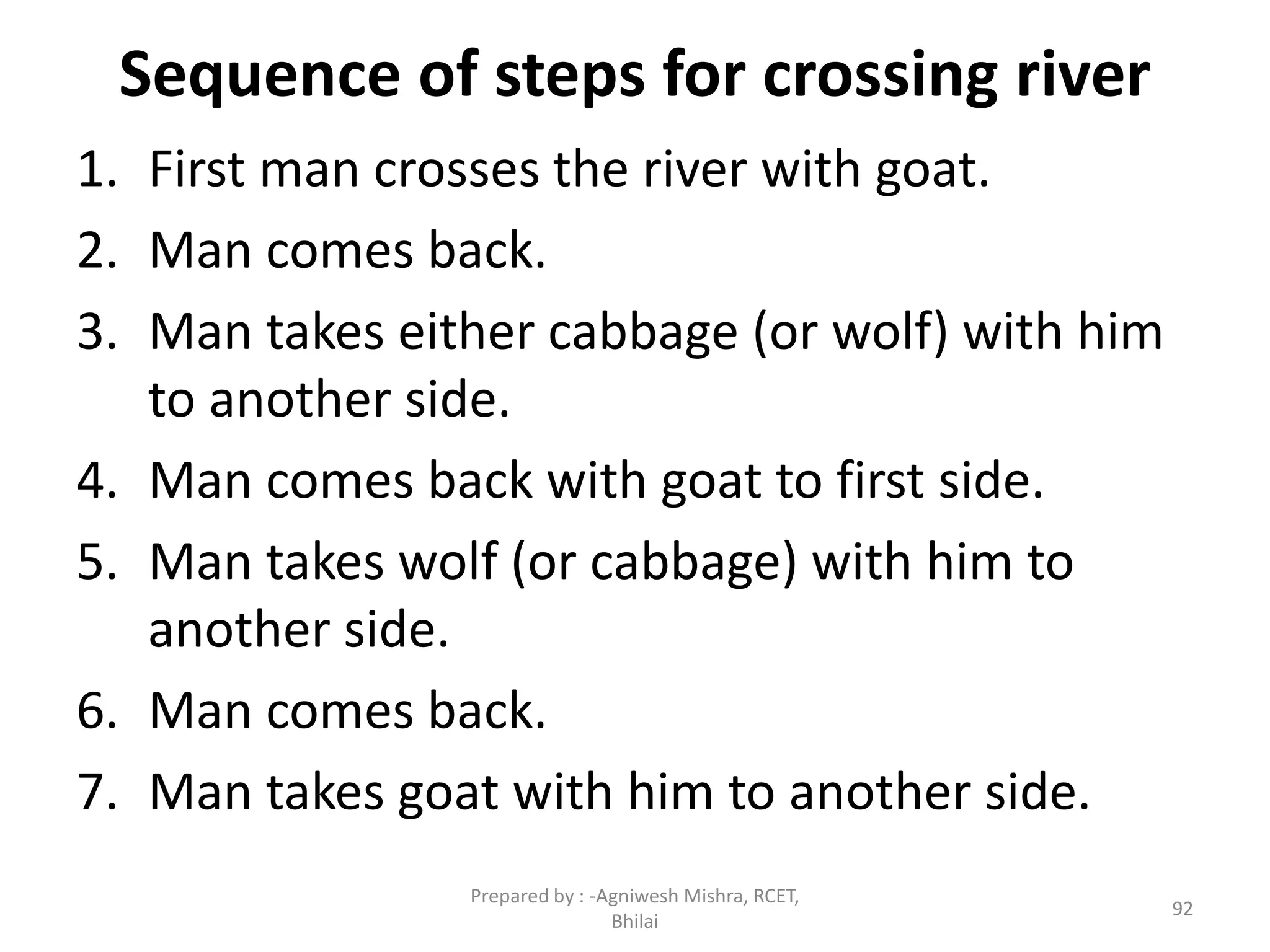 Sequence of steps for crossing river
1. First man crosses the river with goat.
2. Man comes back.
3. Man takes either cabbage (or wolf) with him
to another side.
4. Man comes back with goat to first side.
5. Man takes wolf (or cabbage) with him to
another side.
6. Man comes back.
7. Man takes goat with him to another side.
92
Prepared by : -Agniwesh Mishra, RCET,
Bhilai
 
