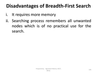 Disadvantages of Breadth-First Search
i. It requires more memory
ii. Searching process remembers all unwanted
nodes which is of no practical use for the
search.
130
Prepared by : -Agniwesh Mishra, RCET,
Bhilai
 